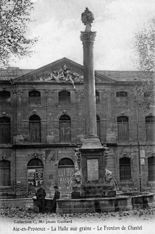 Buffalo Bill's Wild West, poster of the troup in  Aix-en-Provence, in front of the Halle aux Grains, under the Chastel pediment