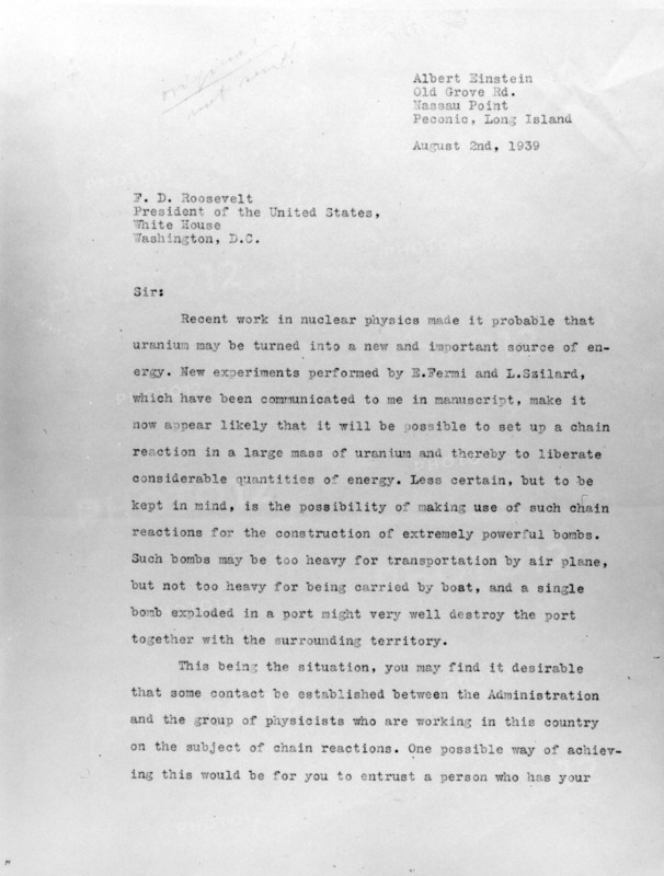 Courrier d'Einstein au Président Roosevelt à propos de la bombe atomique