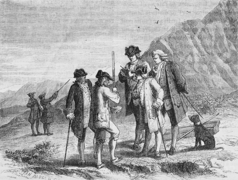 Périer mesurant la hauteur de mercure dans le tube de Torricelli, au sommet du Puy-de-Dôme.