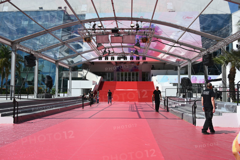 Red carpet installation in front of the Palais des Festivals in Cannes