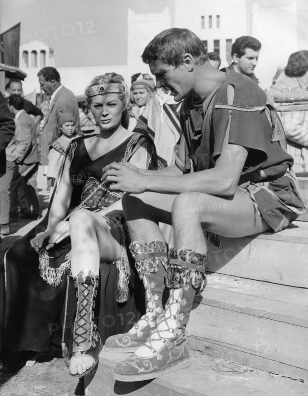 Anita EKBERG and George MARCHAL on the set of  'In the Sign of Rome', 1958