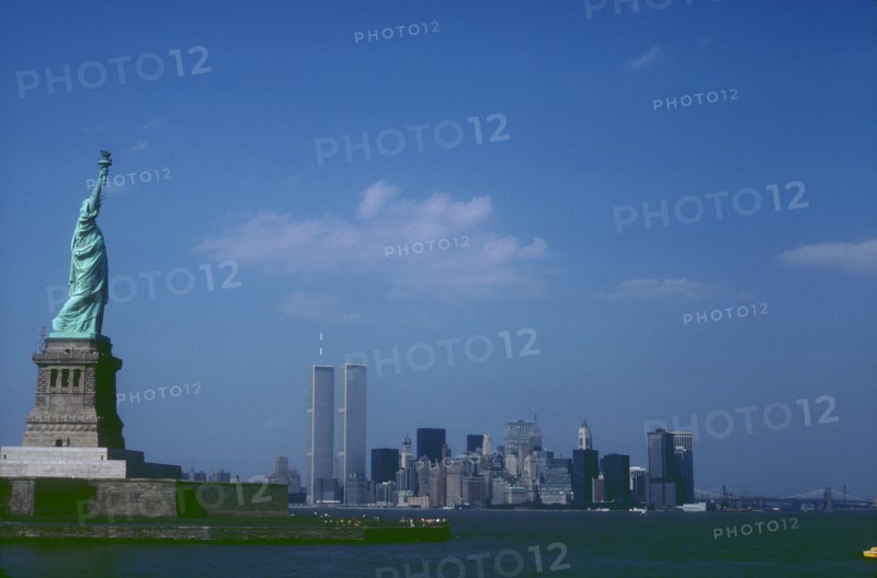 View of Liberty Island, the Statue of Liberty and the World Trade Center