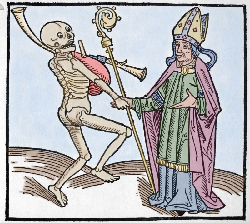 Dance of Death. Allegory of universality of the death. Colored engraving.