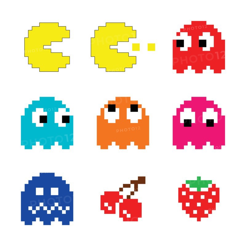 Pacman and ghosts 80's computer game icons set
