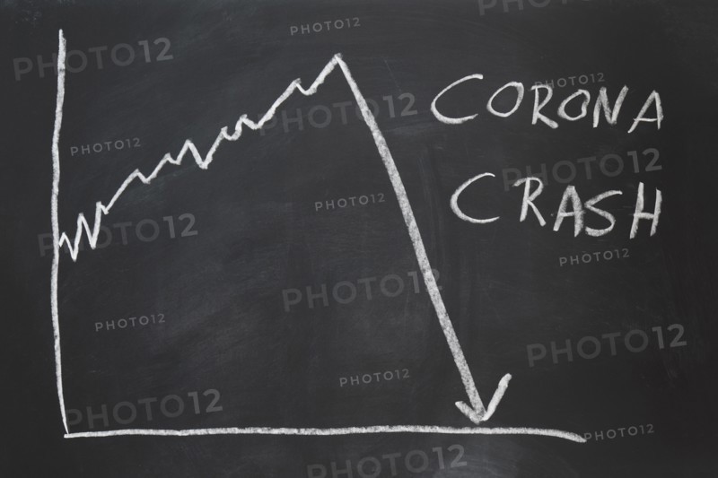 corona crash - hand-drawn graph on chalkboard showing stock market collapse or financial economy crisis caused by coronavirus