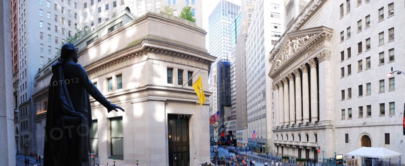 Wall Street New York Stock Exchange panorama in Manhattan, New York City.