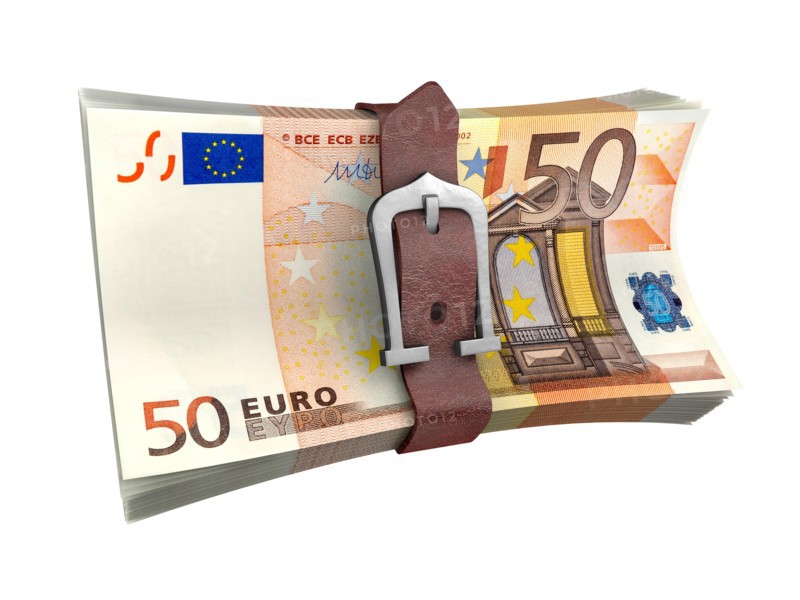 Belted stack of euro money banknotes. Stack of euro money with leather belt. Crisis concept 3d illustration.