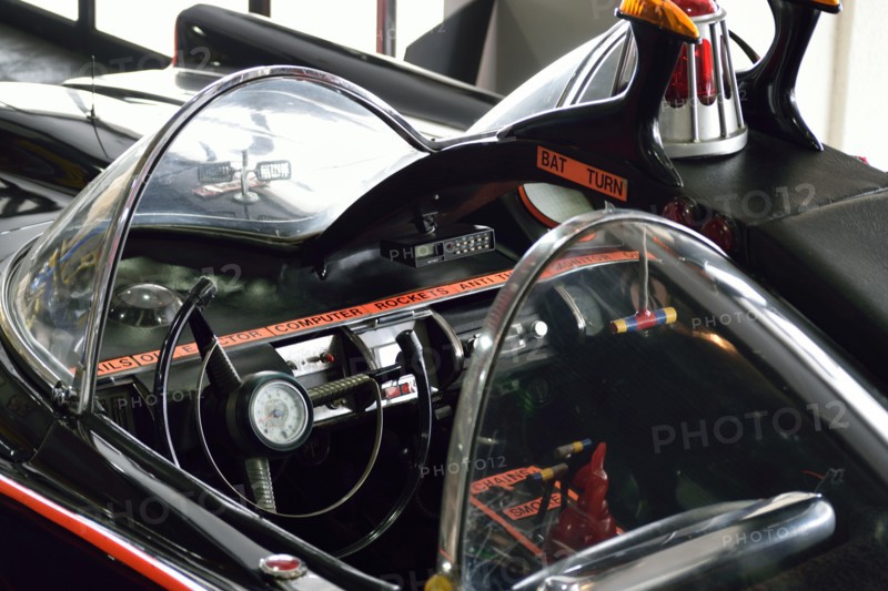 The interior of the original Batmobile for the TV series featuring Adam West and Burt Ward