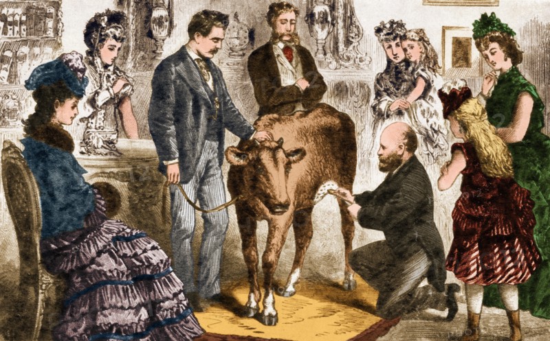 Protection against smallpox by inoculation with the cowpox virus. Edward Jenner (1749-1823), British physician and naturalist, developed a vaccine for the often fatal viral infection of smallpox. He investigated folk tales about the immunity of cowpox vic