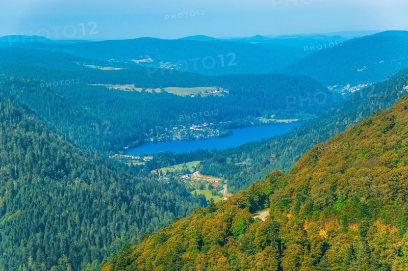Lake Longemer at Xonrupt-Longemer, near GÃ©rardmer, seen from romantic road Route des CrÃªtes of the Vosges, Alsace, France