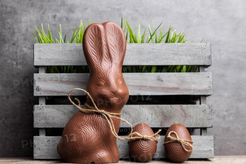 Traditional delicious Easter chocolate bunny and eggs