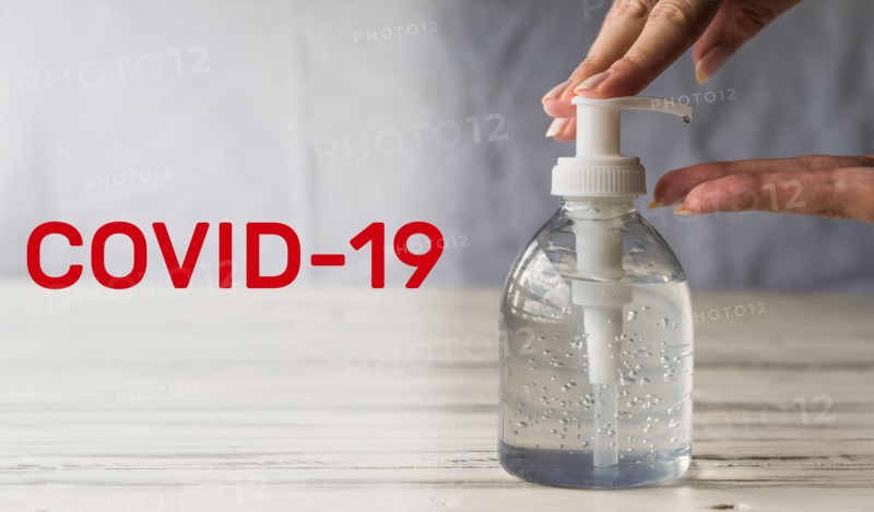 Hand sanitizer for prevention of coronavirus covid-19 pandemic with letters.