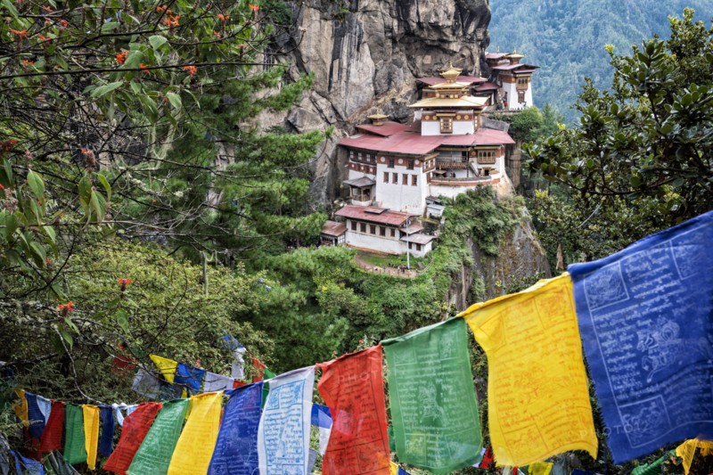 Prayer flags at Taktsang buddhist monastery (Tiger's Nest), Bhutan