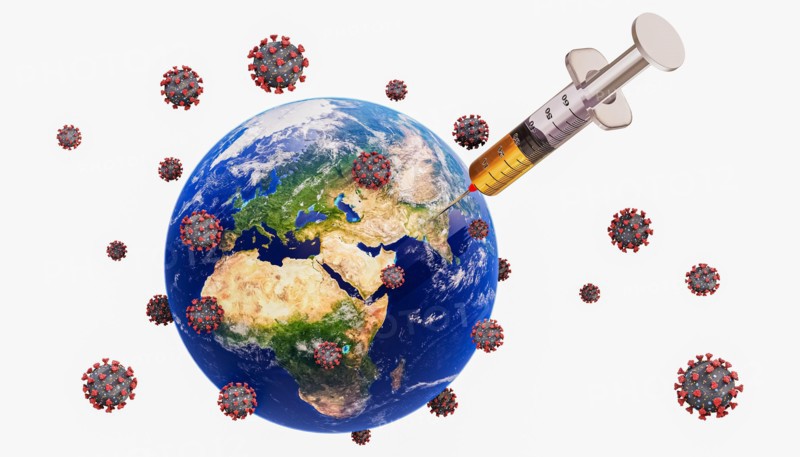 World with syringe injection and covid virus cells isolated on white 3D rendering illustration. Global vaccination or vaccine against coronavirus dise