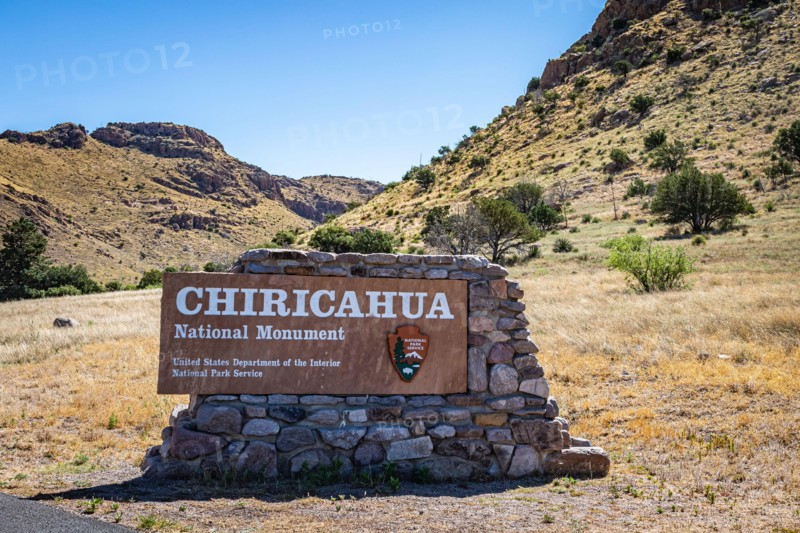 Cochise County, Arizona, USA - March 6, 2019: A detailed view of the entrance sign for Chiricahua National Monument.