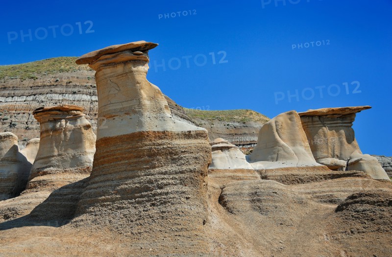 Hoodoos at the Badlands in Drumheller, Alberta, Canada, North America. Horizontal format