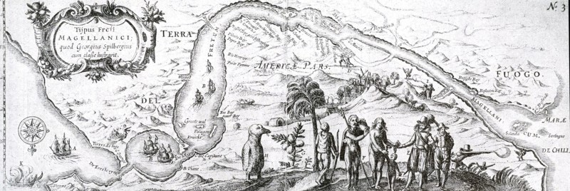 17th century Dutch East India Company map of the  Strait of Magellan; a navigable sea route immediately south of mainland South America and north of Tierra del Fuego. Ferdinand Magellan (Portuguese: Fernão de Magalhães), a Portuguese sailor in the service of Charles I of Spain, became the first European to navigate the strait in 1520 during his global circumnavigation voyage.