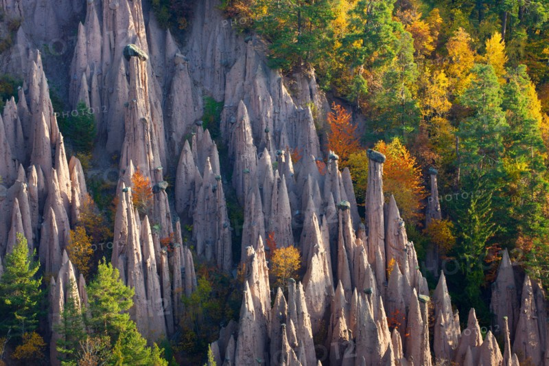 Ritten geomorphology Italy Europe Trentino South Tirol earth pillar geology erosion forms nature cliff wood forest autumn