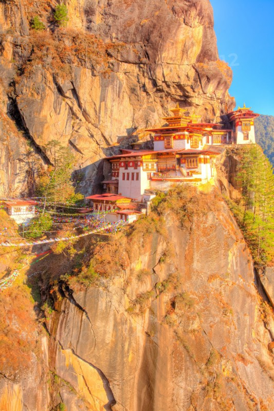 The Tigers Nest Monastery Bhutan, Himalaya Mountains, Paro Valley. Taktshang Goemba. Perched 3,000 feet above valley below