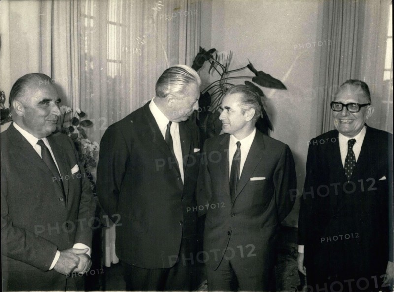 Sep. 09, 1969 - President Pompidou made his first official visit to Bonn where he was welcomed by Chancellor Kiesinger. The President will be returning to Paris tonight. Chaban-Delmas is the Prime Minister of France. Schumann is the Minister of Foreign Affairs for France.