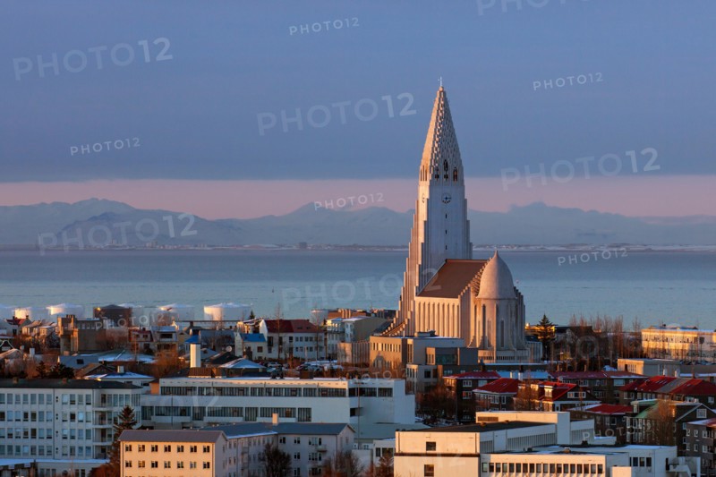 View over the  Lutheran Hallgrímskirkja / church of Hallgrímur in Reykjavík, capital city of Iceland in winter