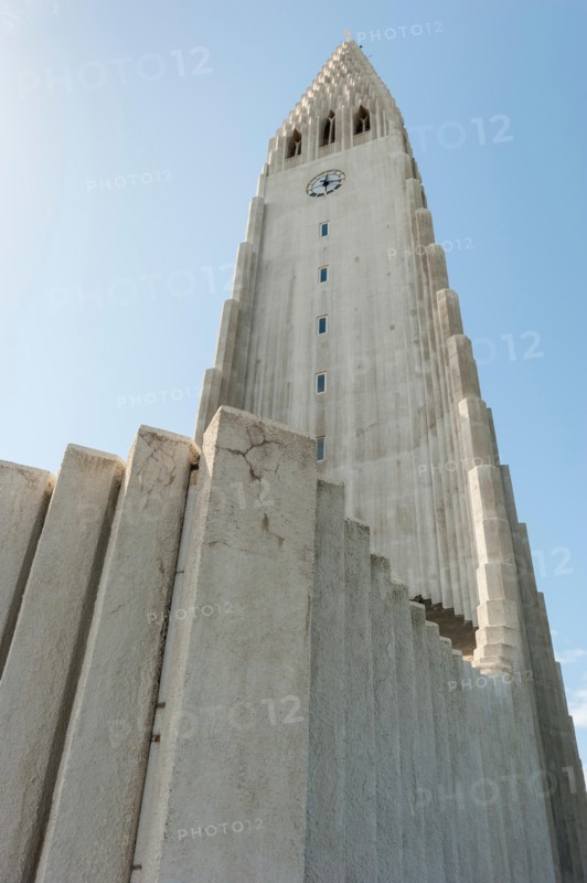 Left side of Hallgrimskirkja Lutheran church tower in Reykjavik, Iceland.