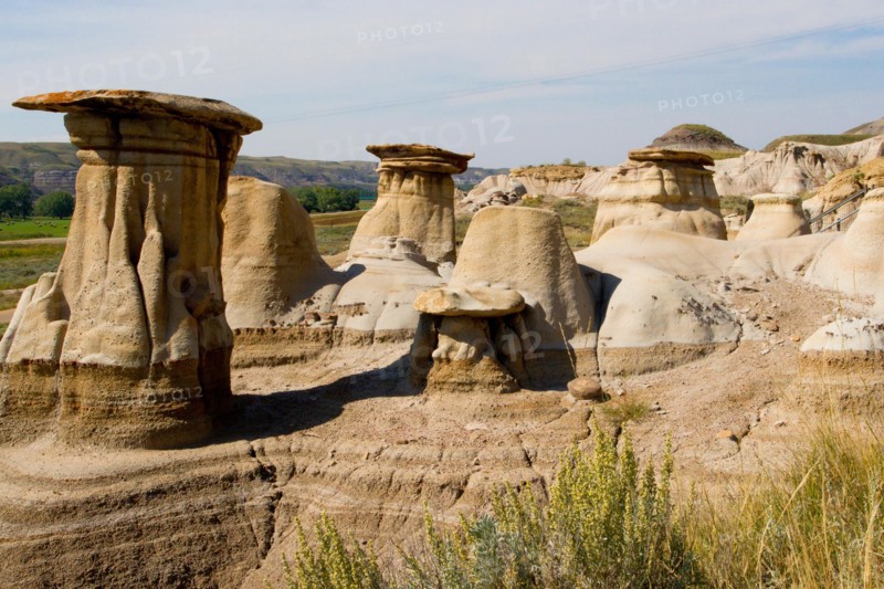 Hoodoos, geological formations created by erosion, in the Badlands near Drumheller, Alberta, Canada.