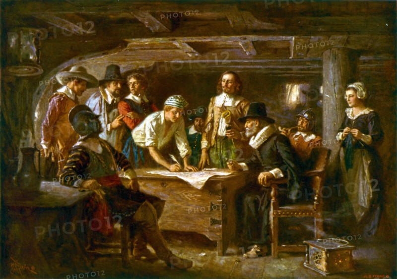 MAYFLOWER COMPACT 1620. Painting by Jean Leon Ferris in 1899