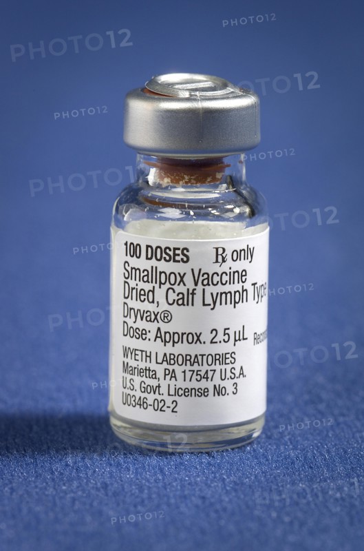 A vial of Dryvax{R} dried calf lymph type smallpox vaccine, which is reconstituted with a diluent prior to vaccination, 2002. Vaccinia (smallpox) vaccine, derived from calf lymph, and currently licensed in the United States, is a lyophilized, live-virus preparation of infectious vaccinia virus. It does not contain smallpox (variola) virus. Image courtesy CDC.