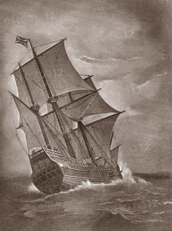 The Mayflower at Sea. Plymouth.  1620