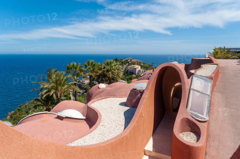 Architectural detail of the Palais Bulles in front of Mediterranean panorama, Théoule-sur-Mer, Var, Provence-Alpes-Cote d`Azur, France, Europe