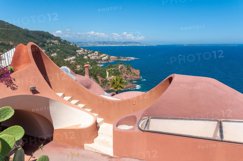 Architectural detail of the Palais Bulles in front of Mediterranean panorama, Théoule-sur-Mer, Var, Provence-Alpes-Cote d`Azur, France, Europe