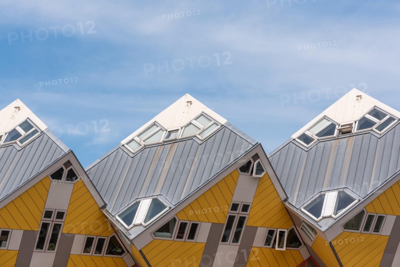 Rotterdam, Netherlands - April 23, 2019 : Yellow Cube houses - Kubuswoningen - in Blaak station area famous landmark of the city