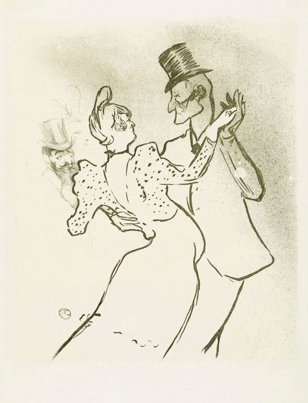La Goulue and Valentin la Desossee.   Poster by Henri de Toulouse-Lautrec.  Henri de Toulouse-Lautrec, French artist, 1864-1901.  La Goulue was the stage name of Moulin Rouge dancer Louise Weber.  Valentin la Desossee was the stage name of Jaques Renaudin who it is thought held down a full-time day job but danced at the Moulin Rouge at night.