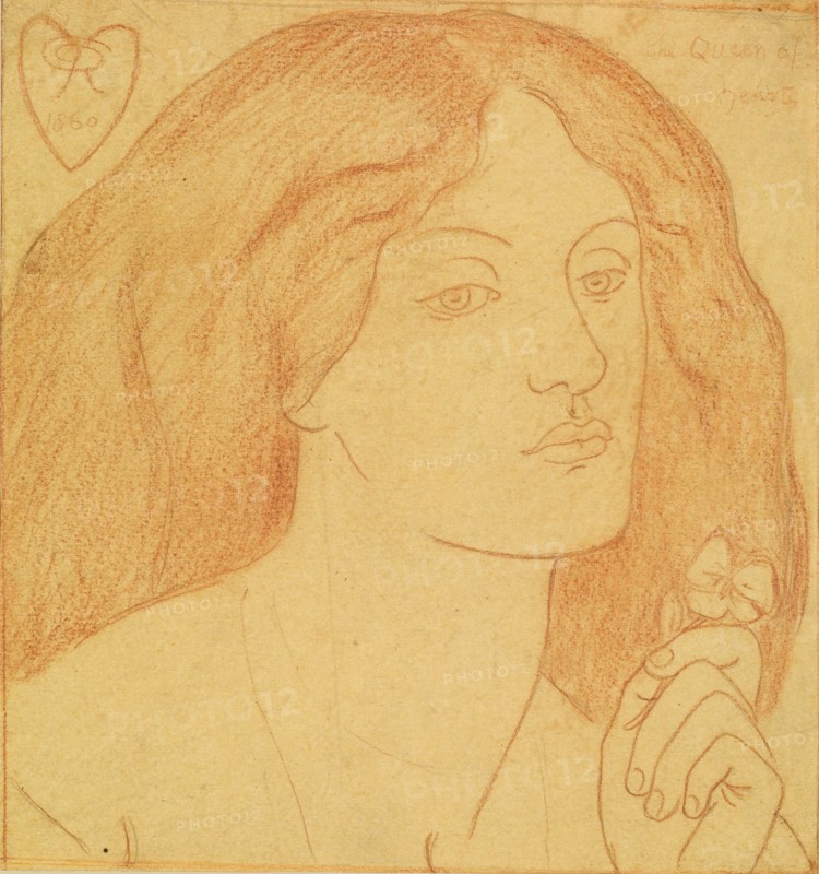 Regina Cordium (The Queen of Hearts), 1860 Dante Gabriel Rossetti, Head study of Lizzie Siddal, Drawing, Chalk, PortraitPre-Raphaelite, Female, Love, Flower, Pansy