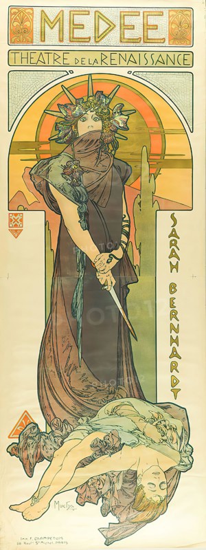 Imprimerie F. Champenois, Alfons Mucha, Médée. Théâtre de la Renaissance. Sarah Bernhardt, paper, lithograph, total: height: 103.5 cm; width: 76.5 cm, signed and dated: lower left in print: Mucha 98, theater posters, Medea kills her children, Medea, death by accident, murder, suicide, actor, actress, corpse, standing figure, dagger, headgear, theater costume, theater, theater performance, Sarah Bernhardt, Jugendstil