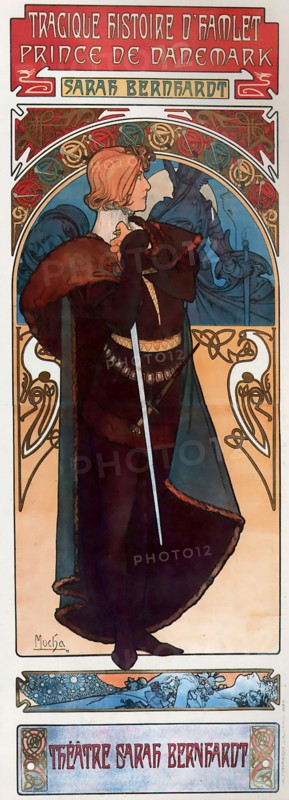 Alphonse Mucha, advertising poster for Hamlet with Sarah Bernhardt, colour lithograph, 1904.  Alfons Maria Mucha (1860 -1939) was a Czech Art Nouveau painter, illustrator and graphic artist,