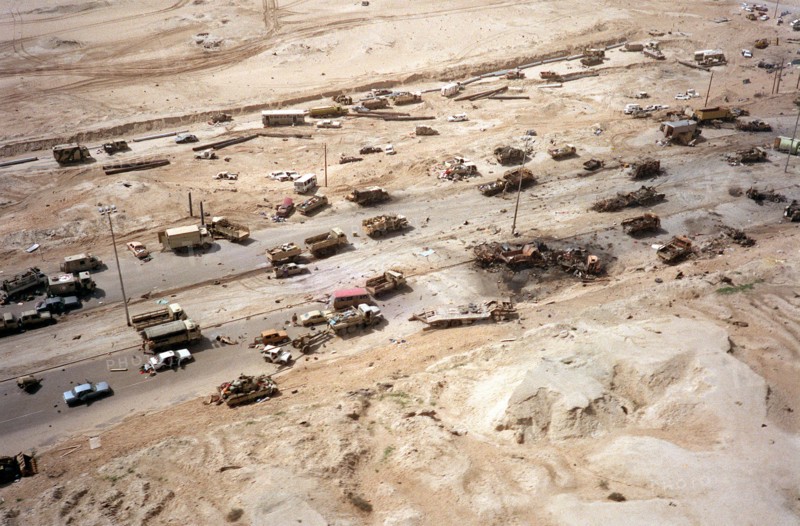 Destroyed Iraqi armored vehicles litter Highway 80, known as the Highway of Death destroyed by coalition aircraft during the Gulf War February 28, 1991 in Kuwait.
