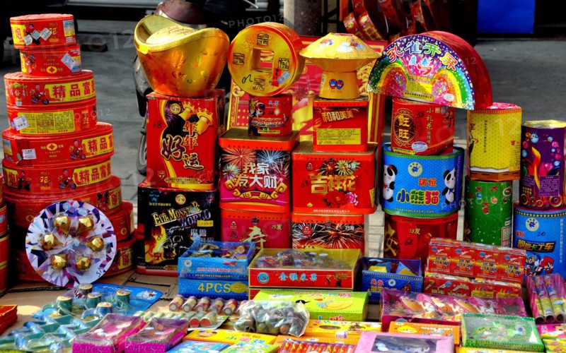 Jun Le, China:  Display of fireworks sold at a vendor booth for Chinese New Year