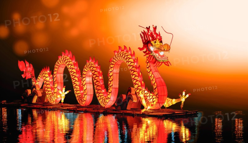 Chinese new year dragon lanterns on pond in china town