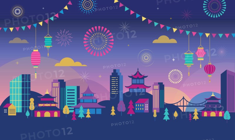 Chinese New Year - city landscape with colorful fireworks and lanterns. Vector background