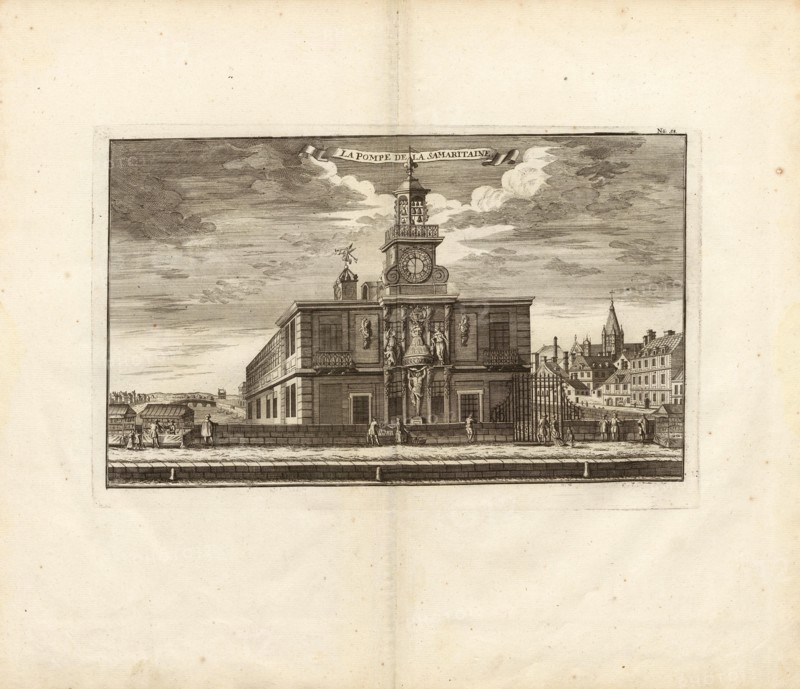 The Samaritan's Pump, La Samaritaine pumping station for water supply of the Louvre and Jardin des Tuileries in Paris, Fig. 47, no. 58, after p. 96, Breitkopf, Bernhard Christoph (ed.), 1735, Carl Christian Schramm: Historischer Schauplatz in welchem die merkwürdigsten Brücken aus allen Theilen der Welt, insonderheit aber die in den vollkommensten Stand versetzte Dresdner Elb-Brücke, in saubern Prospecten, Münzen und andern Kupferstichen, vorgestellet und beschrieben werden. Leipzig: Bey Bernhard Christoph Breitkopf, 1735
