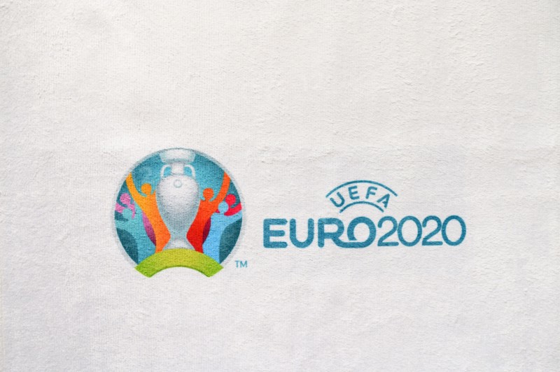 MADRID, SPAIN, APRIL. 25. 2020: Logo of Euro 2020 football tournament, printed on white fabric
