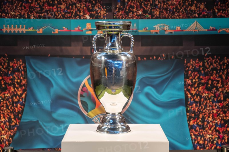 Original UEFA European Championship Trophy with stadium background