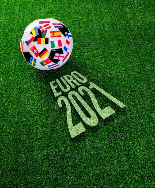 Euro 2021 football championship. Soccer ball with flags of European countries and text