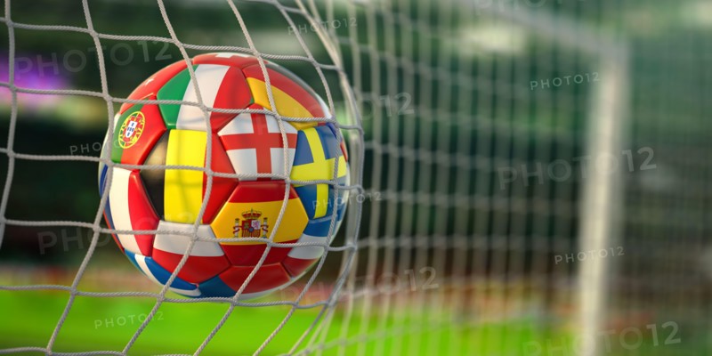 Football ball with flags of european countries in the net of goal of football stadium. Euro championship 2021. 3d illustration