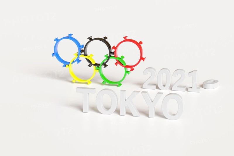 Olympic rings shaped like a coronavirus isolated on white background. Tokyo 2020. 3d Illustration.