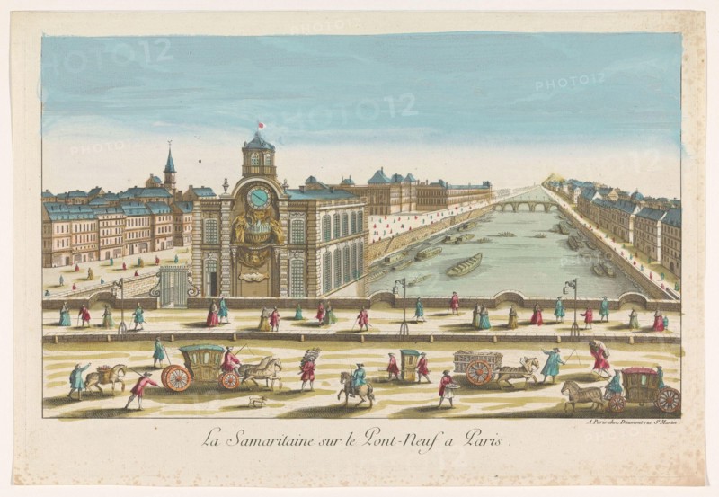 View of the Samaritaine water pump on the Pont Neuf over the River Seine in Paris; La Samaritaine sur le Pont-Neuf a Paris. .