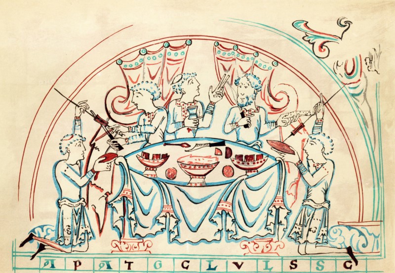 Colour Illustration; Anglo-Saxon Banquet; 11th Century Source; MS Cotton Tiberius C vi;