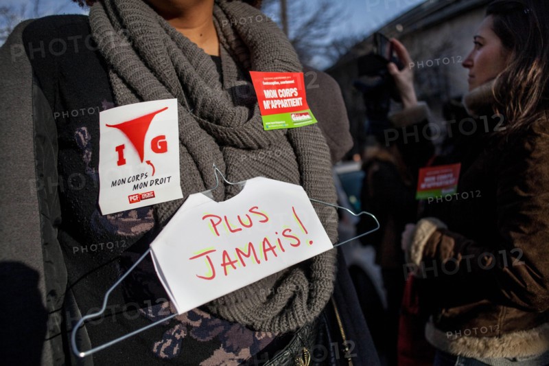 Paris, France. 1st Feb, 2014. Demonstration for the right to abortion in Spain in Paris, on February 1, 2014. The march went until the front of the Spanish ambassy where people had left their hangers. Credit:  Michael Bunel/NurPhoto/ZUMAPRESS.com/Alamy Live News